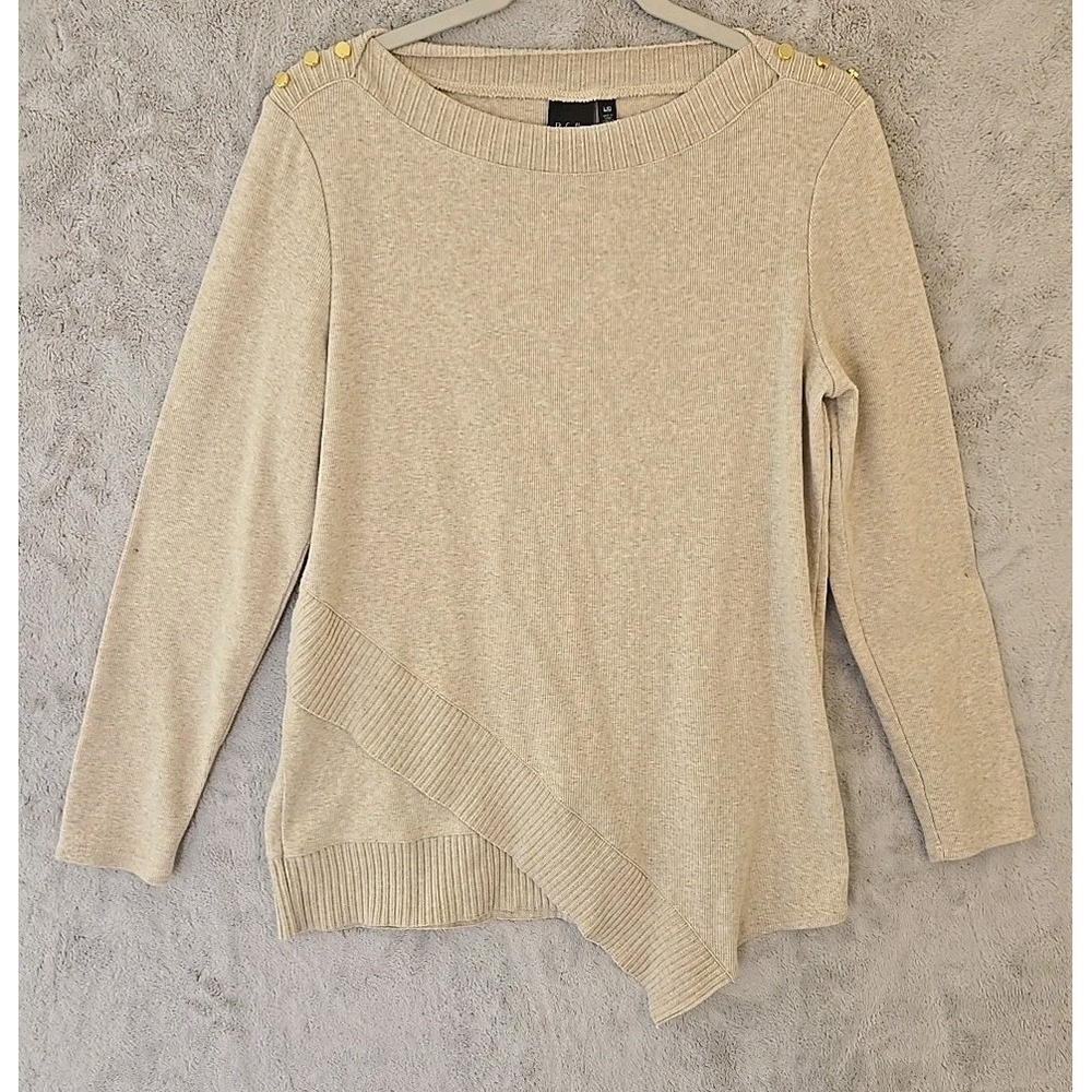 Rafaella Womens L Ribbed V Neck Long Sleeve Tan Asymmetrical Pullover Sweater
